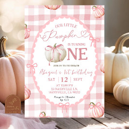Bow Pink Gingham Pumpkin 1e verjaardag Kaart