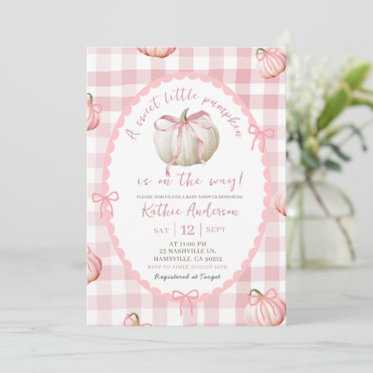 Bow Pink Gingham Pumpkin Baby shower Kaart (Staand voorkant)
