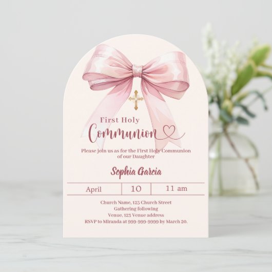 Bow pink girl cream arch First Communion Kaart (Staand voorkant)