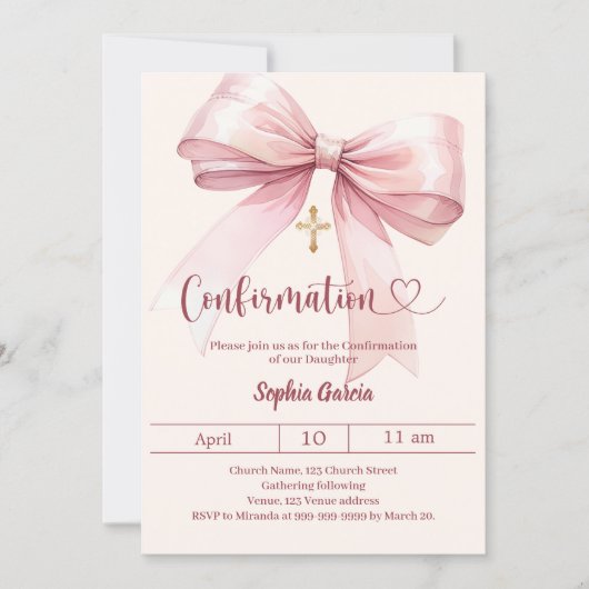 Bow pink girl cream elegant Confirmation Kaart (Voorkant)