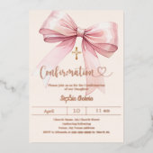 Bow pink girl cream elegant Confirmation rose gold Folie Uitnodiging (Voorkant)