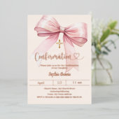Bow pink girl cream elegant Confirmation rose gold Folie Uitnodiging (Staand Voorkant)