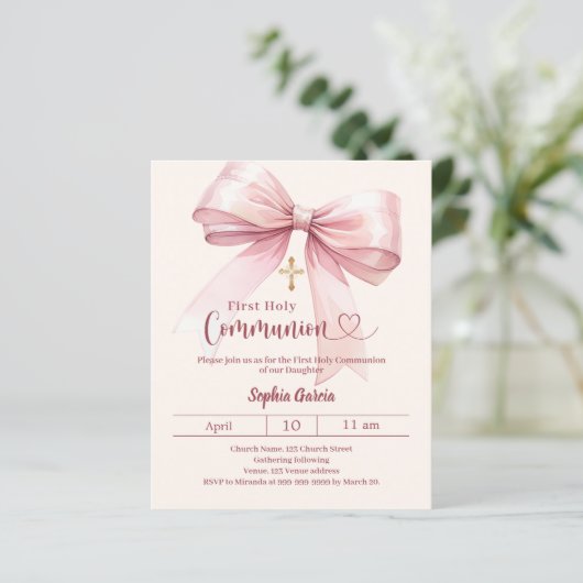 Bow pink girl cream First Communion invitation (Staand voorkant)