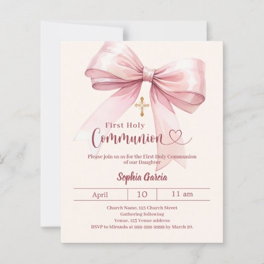 Bow pink girl cream First Communion invitation (Voorkant)