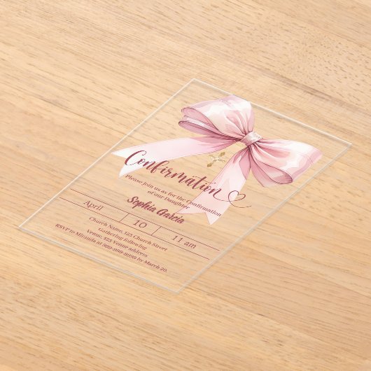 Bow pink girl elegant clear luxury Confirmation Acryl Uitnodigingen (Laagn)