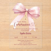 Bow pink girl elegant luxury clear First Communion Acryl Uitnodigingen (Voorkant)