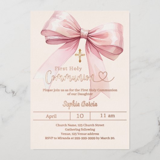 Bow pink girl luxury rose gold First Communion Folie Uitnodiging (Voorkant)