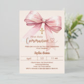 Bow pink girl luxury rose gold First Communion Folie Uitnodiging (Staand Voorkant)