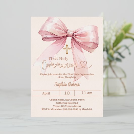 Bow pink girl luxury rose gold First Communion Folie Uitnodiging (Staand Voorkant)