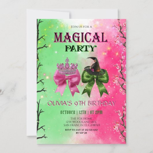 Bow pink & green Magical Witch Birthday Kaart (Voorkant)
