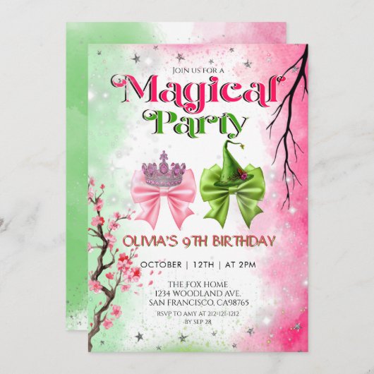 Bow pink & green Magical Witchy Birthday Kaart (Voorkant / Achterkant)