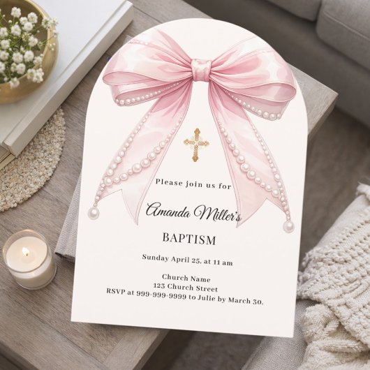 Bow Pink Ivory Pearls Girl Elegant Baptism Arch Kaart
