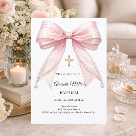 Bow Pink Pearls Girl Elegant Baptism Kaart
