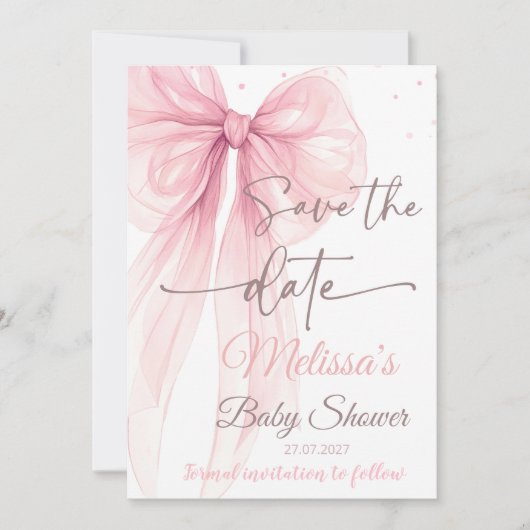 Bow Pink Save the date Baby shower Coquette Kaart (Voorkant)