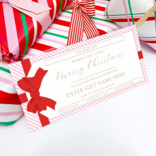 Bow Pink StripeMerry Christmas Gift Voucher Kaart