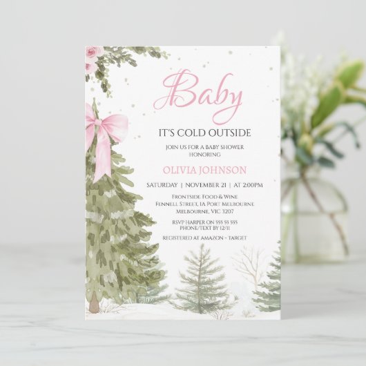 Bow Pink Tree Baby Het is een koud Baby shower Kaart (Staand voorkant)