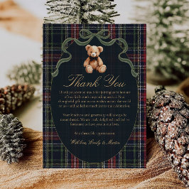 Bow Plaid Teddy Bear Baby Shower Thank You Card Bedankkaart