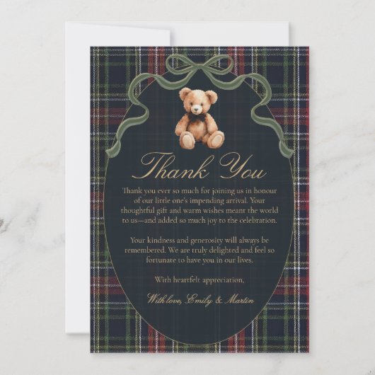 Bow Plaid Teddy Bear Baby Shower Thank You Card Bedankkaart (Voorkant)