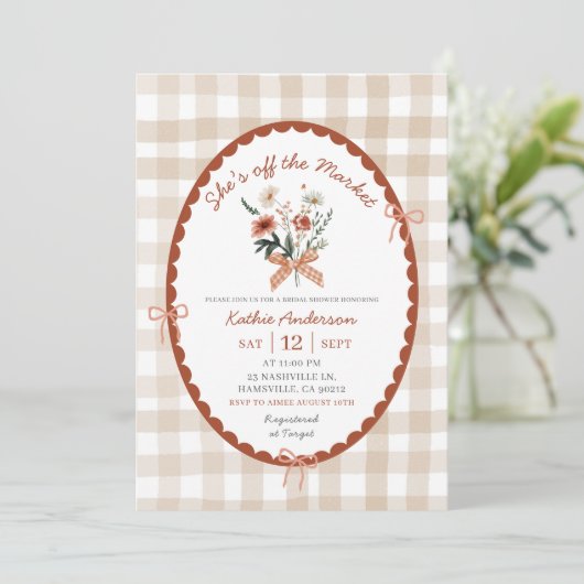 Bow Red Gingham Illustratie Boeren Markt Bruid Kaart (Staand voorkant)