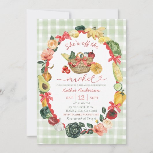 Bow Red Gingham Illustratie Boeren Markt Bruid Kaart (Voorkant)