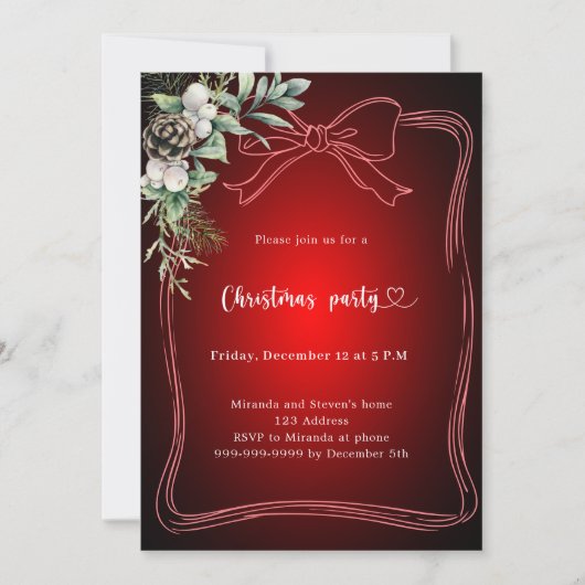 Bow red pine greenery Christmas Party Kaart (Voorkant)