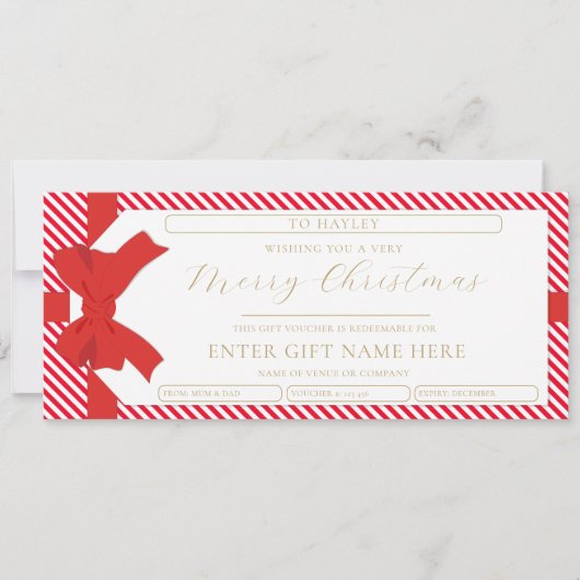Bow Red Stripe Merry Christmas Gift Voucher Kaart (Voorkant)