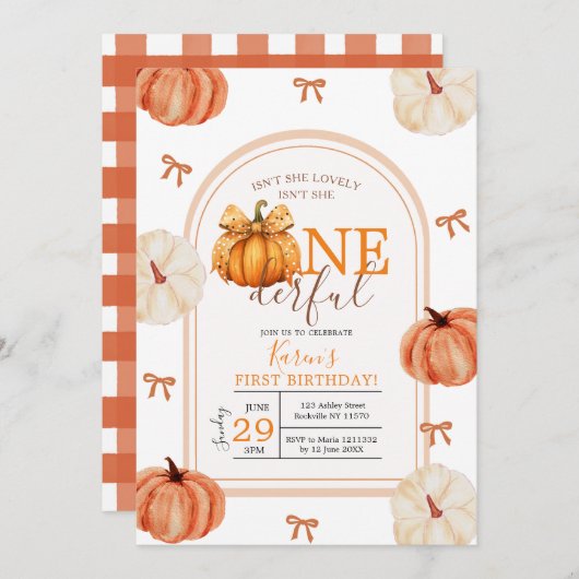 Bow Ribbon Isn't She Onederful Pumpkin Gingham Kaart (Voorkant / Achterkant)