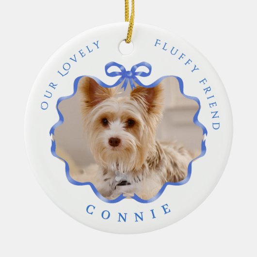 Bow Ribbon Pet Memory Foto Blauw Keramisch Ornament (Voorkant)