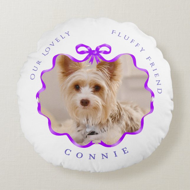Bow Ribbon Pet Memory Foto Paarse Rond Kussen (Voorkant)