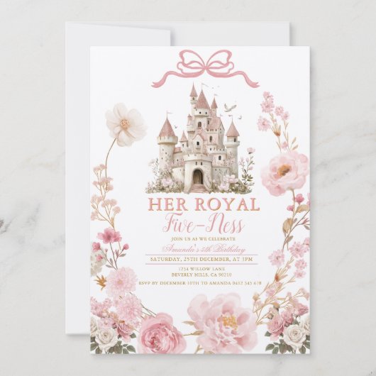 Bow Royal five-ness Birthday Castle Pink Ribbon Kaart (Voorkant)
