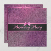 Bow & Roze Damask Birthday Invite Kaart (Voorkant / Achterkant)