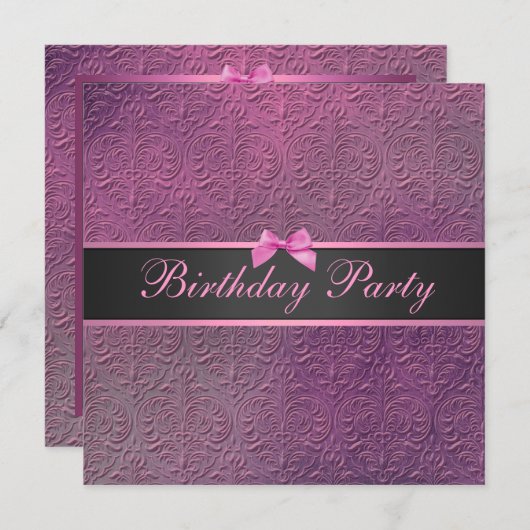 Bow & Roze Damask Birthday Invite Kaart (Voorkant / Achterkant)
