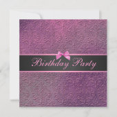 Bow & Roze Damask Birthday Invite Kaart (Voorkant)