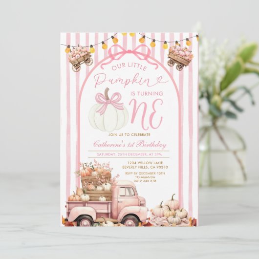 Bow Roze Vrachtwagen Pompoen 1e Verjaardag Streep  Kaart (Staand voorkant)