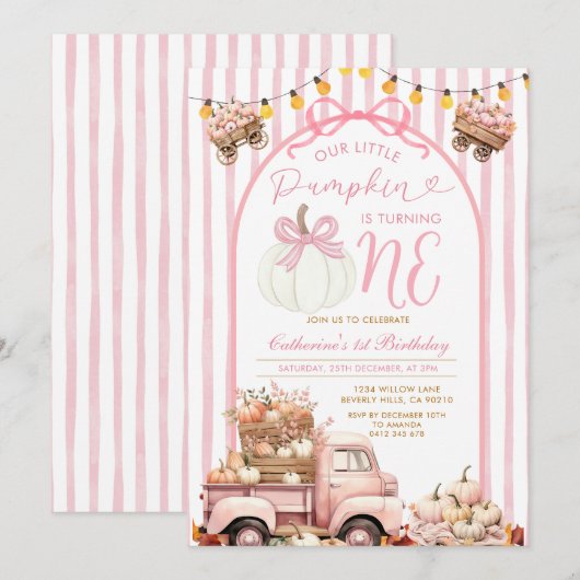 Bow Roze Vrachtwagen Pompoen 1e Verjaardag Streep  Kaart (Voorkant / Achterkant)