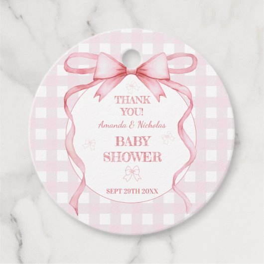 Bow Roze Waterverf Gingham Dank u Bedankjes Labels (Voorkant)