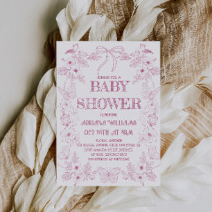 Bow Roze Wit Toile Flowers Meisje Baby shower Kaart