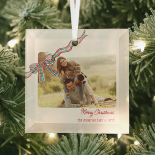 Bow rustieke kerst Foto geplakt lint Glas Ornament