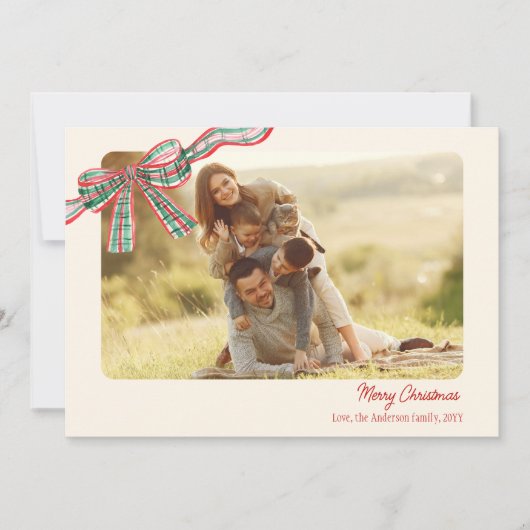 Bow rustieke Kerstmis 4 Foto's geplakt lint Feestdagenkaart (Voorkant)
