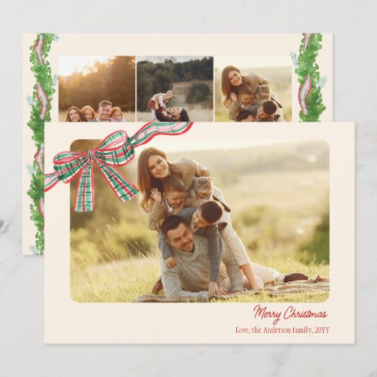 Bow rustieke Kerstmis 4 Foto's geplakt lint Feestdagenkaart (Voorkant / Achterkant)