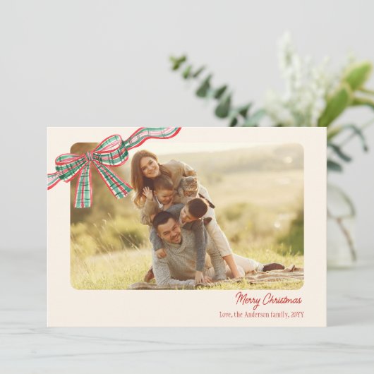 Bow rustieke Kerstmis 4 Foto's geplakt lint Feestdagenkaart (Staand voorkant)