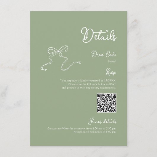 Bow Sage Green Details Qr code RSVP Informatiekaartje (Voorkant)