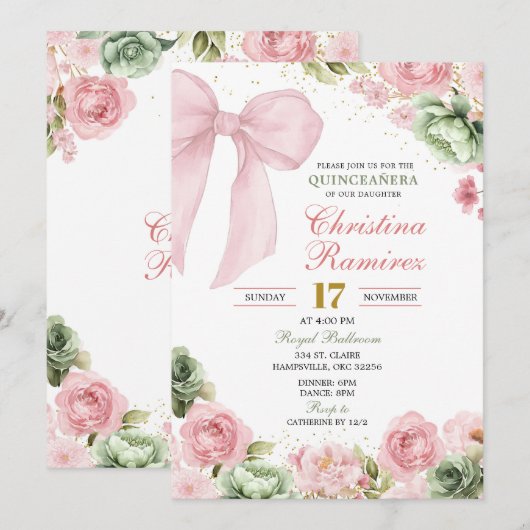 Bow Sage Roze Coquette Bloemen Quinceanera Kaart (Voorkant / Achterkant)