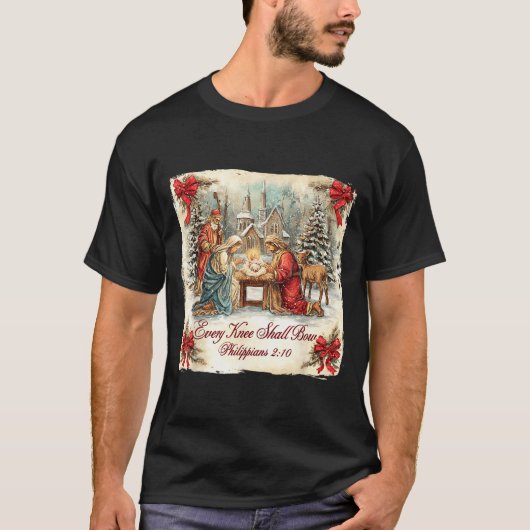 Bow Santa Christmas Nativity Scene Every Knee Shal T-shirt (Voorkant)