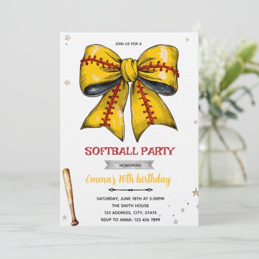 Bow softball party invitation kaart (Staand voorkant)