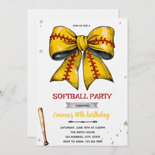 Bow softball party invitation kaart (Voorkant / Achterkant)