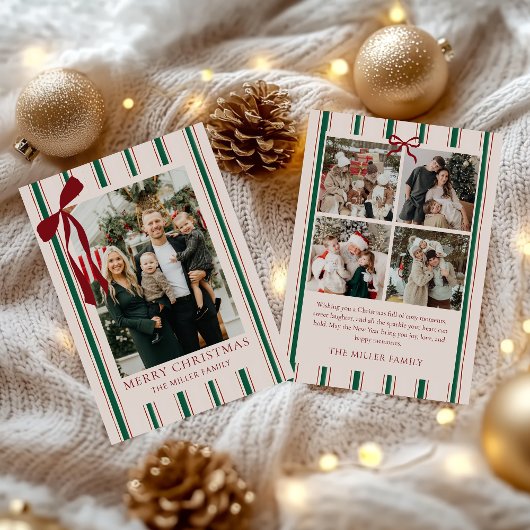 Bow Stripe Family Photo Christmas Holiday Card Feestdagenkaart