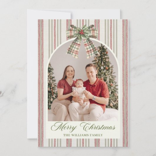 Bow Stripe Family Photo Christmas Holiday Card Feestdagenkaart (Voorkant)