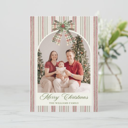  Bow Stripe Family Photo Christmas Holiday Card Feestdagenkaart (Staand voorkant)