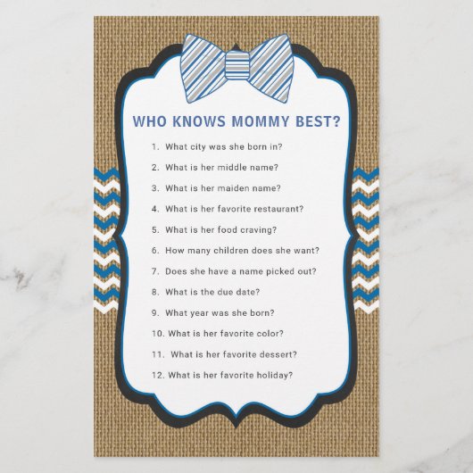 Bow Stropdas Baby shower Game die moeder kent, bab Flyer (Achterkant)